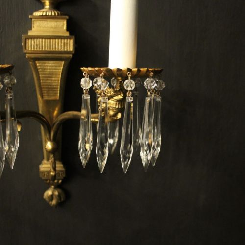 FRENCH PAIR GILDED CRYSTAL TWIN ARM ANTIQUE WALL LIGHTS - ADDITIONAL PHOTO 8