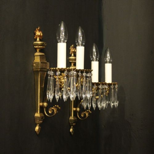 FRENCH PAIR GILDED CRYSTAL TWIN ARM ANTIQUE WALL LIGHTS - ADDITIONAL PHOTO 9