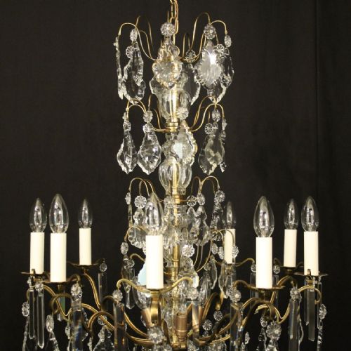 FRENCH GILDED BRASS CRYSTAL 12 LIGHT ANTIQUE CHANDELIER - ADDITIONAL PHOTO 3