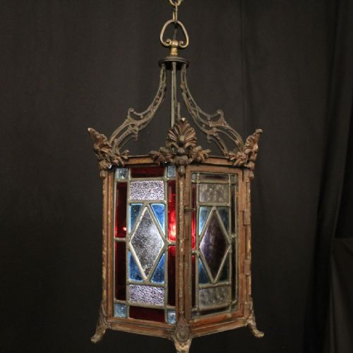 ENGLISH STAINED GLASS CAST IRON ANTIQUE HALL LANTERN - ADDITIONAL PHOTO 1