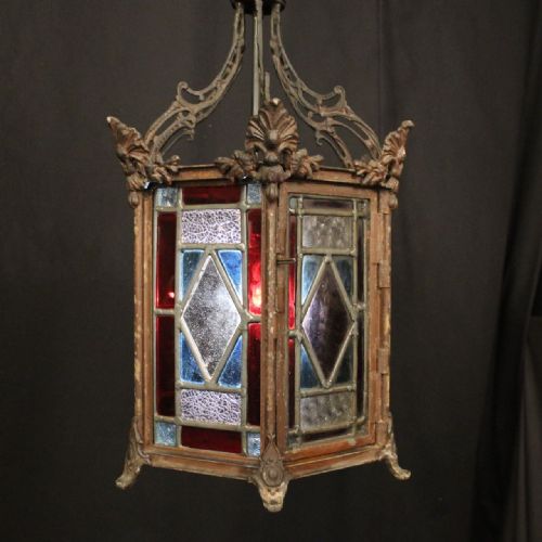 ENGLISH STAINED GLASS CAST IRON ANTIQUE HALL LANTERN - ADDITIONAL PHOTO 2