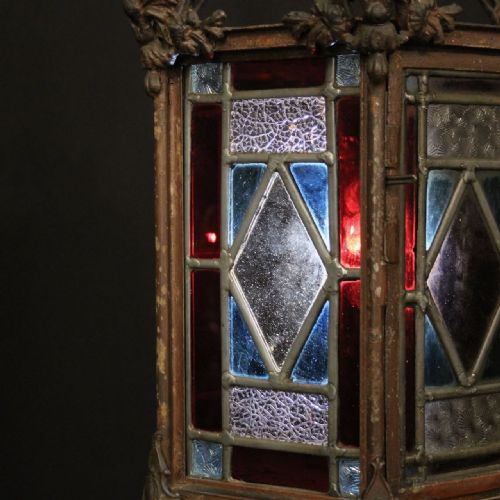 ENGLISH STAINED GLASS CAST IRON ANTIQUE HALL LANTERN - ADDITIONAL PHOTO 3