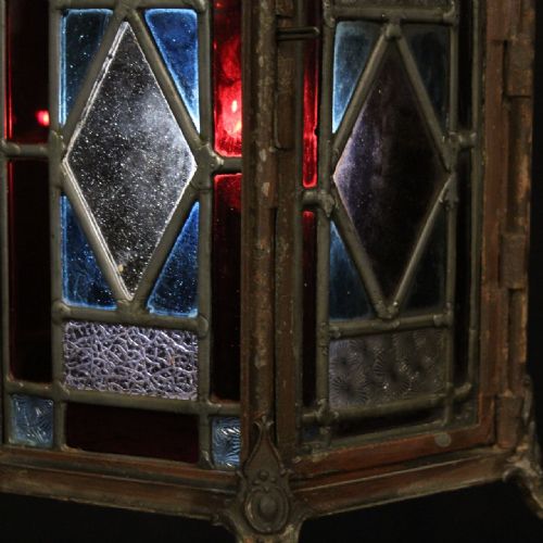 ENGLISH STAINED GLASS CAST IRON ANTIQUE HALL LANTERN - ADDITIONAL PHOTO 4