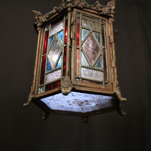 ENGLISH STAINED GLASS CAST IRON ANTIQUE HALL LANTERN - ADDITIONAL PHOTO 5