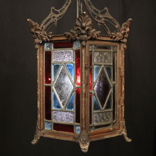 ENGLISH STAINED GLASS CAST IRON ANTIQUE HALL LANTERN - ADDITIONAL PHOTO 6