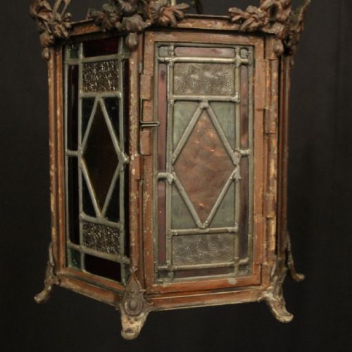 ENGLISH STAINED GLASS CAST IRON ANTIQUE HALL LANTERN - ADDITIONAL PHOTO 7