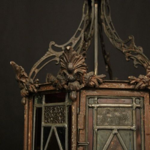 ENGLISH STAINED GLASS CAST IRON ANTIQUE HALL LANTERN - ADDITIONAL PHOTO 8
