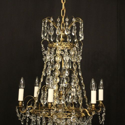 SWEDISH GILDED TENT WATERFALL 6 LIGHT ANTIQUE CHANDELIER - ADDITIONAL PHOTO 1