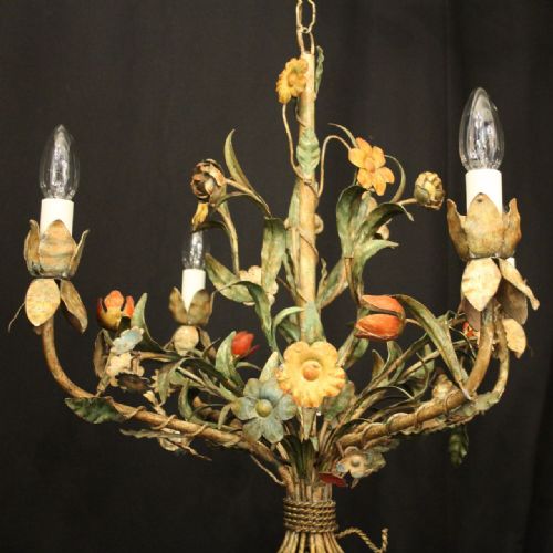 FRENCH TOLEWARE POLYCHROME FOUR LIGHT ANTIQUE CHANDELIER - ADDITIONAL PHOTO 1