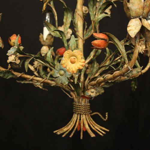 FRENCH TOLEWARE POLYCHROME FOUR LIGHT ANTIQUE CHANDELIER - ADDITIONAL PHOTO 2
