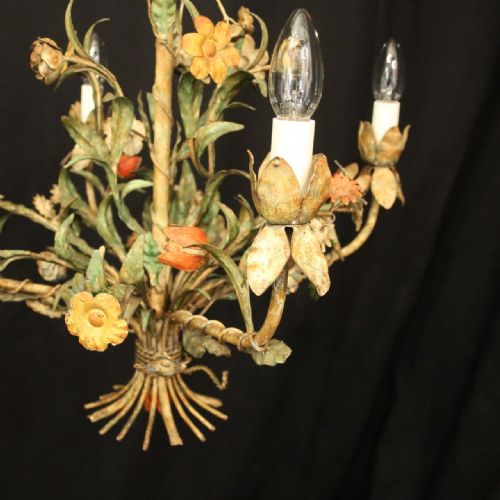 FRENCH TOLEWARE POLYCHROME FOUR LIGHT ANTIQUE CHANDELIER - ADDITIONAL PHOTO 3