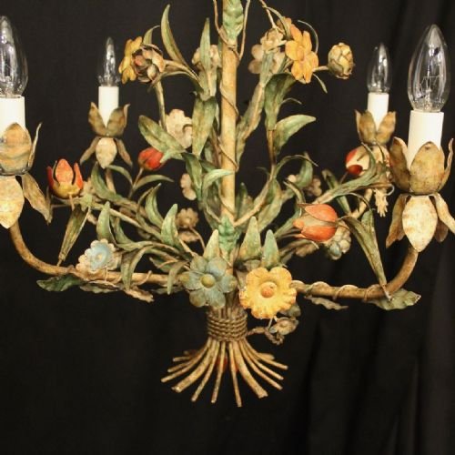 FRENCH TOLEWARE POLYCHROME FOUR LIGHT ANTIQUE CHANDELIER - ADDITIONAL PHOTO 4