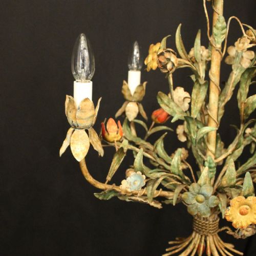 FRENCH TOLEWARE POLYCHROME FOUR LIGHT ANTIQUE CHANDELIER - ADDITIONAL PHOTO 5