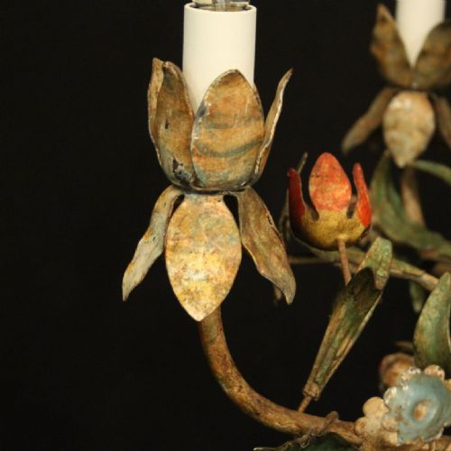 FRENCH TOLEWARE POLYCHROME FOUR LIGHT ANTIQUE CHANDELIER - ADDITIONAL PHOTO 6