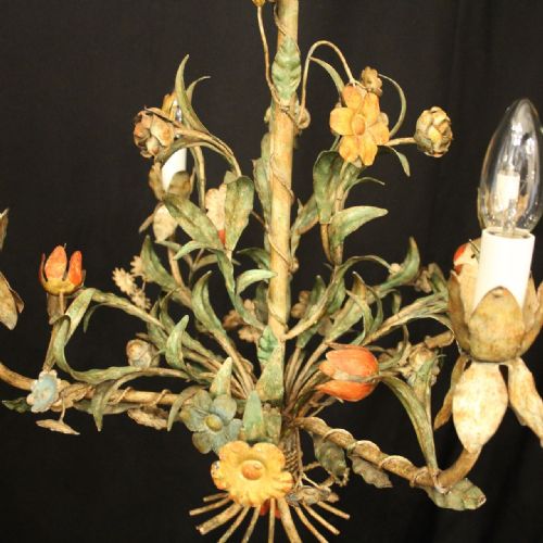 FRENCH TOLEWARE POLYCHROME FOUR LIGHT ANTIQUE CHANDELIER - ADDITIONAL PHOTO 7