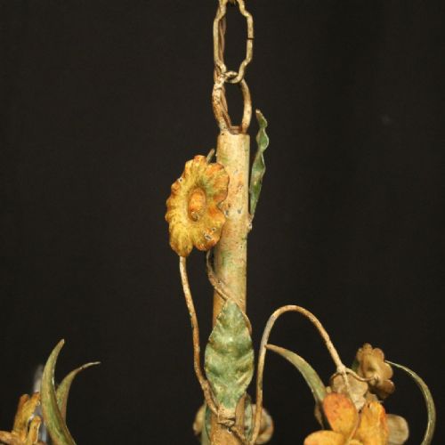 FRENCH TOLEWARE POLYCHROME FOUR LIGHT ANTIQUE CHANDELIER - ADDITIONAL PHOTO 8