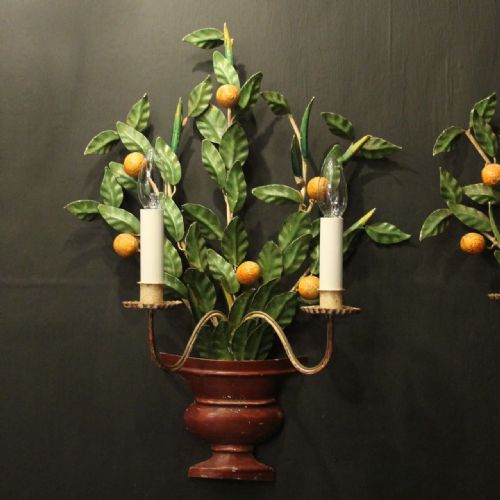 FRENCH PAIR OF TOLEWARE FLORAL TWIN ARM WALL LIGHTS - ADDITIONAL PHOTO 1