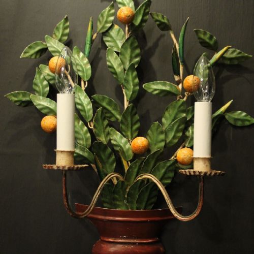 FRENCH PAIR OF TOLEWARE FLORAL TWIN ARM WALL LIGHTS - ADDITIONAL PHOTO 2