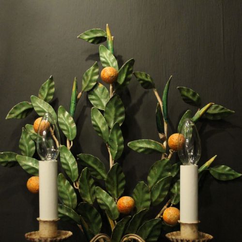FRENCH PAIR OF TOLEWARE FLORAL TWIN ARM WALL LIGHTS - ADDITIONAL PHOTO 4
