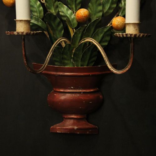 FRENCH PAIR OF TOLEWARE FLORAL TWIN ARM WALL LIGHTS - ADDITIONAL PHOTO 9