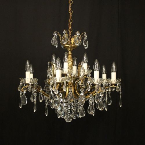 italian 12 light gilded brass crystal antique chandelier - CATEGORY: ANTIQUE LIGHTING - DATED 1930