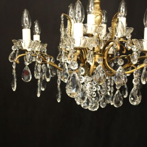 ITALIAN 12 LIGHT GILDED BRASS CRYSTAL ANTIQUE CHANDELIER - ADDITIONAL PHOTO 3