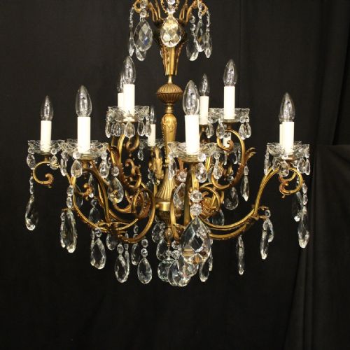 FRENCH 12 LIGHT GILDED BRASS CRYSTAL ANTIQUE CHANDELIER - ADDITIONAL PHOTO 1