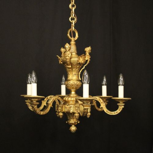 french 19th century gilded bronze 6 light antique chandelier - CATEGORY: ANTIQUE LIGHTING - DATED 19TH CENTURY