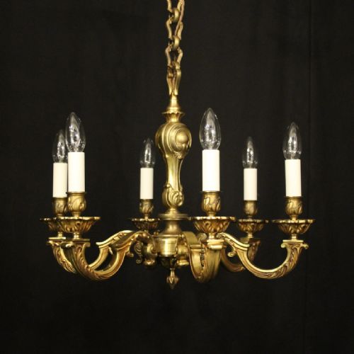 french gilded bronze 6 light antique chandelier - CATEGORY: ANTIQUE LIGHTING - DATED 1920