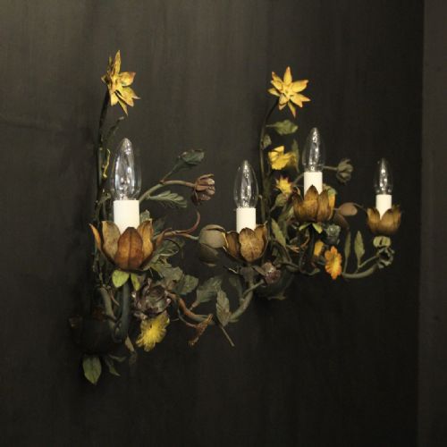 FRENCH PAIR OF TOLEWARE FLORAL WALL LIGHTS - ADDITIONAL PHOTO 9
