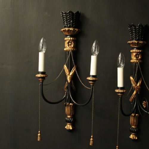 ITALIAN PAIR OF EBONISED GILTWOOD WALL LIGHTS - ADDITIONAL PHOTO 4