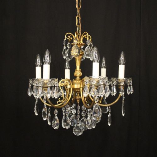 french gilded 6 crystal light antique chandelier - CATEGORY: ANTIQUE LIGHTING - DATED 1920