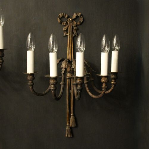 FRENCH PAIR OF RIBBON 5 ARM ANTIQUE WALL LIGHTS - ADDITIONAL PHOTO 1