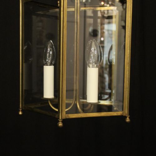 ENGLISH TRIPLE LIGHT GILDED BRASS HALL LANTERN - ADDITIONAL PHOTO 3