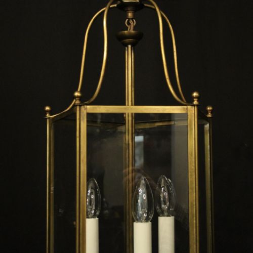 ENGLISH TRIPLE LIGHT GILDED BRASS HALL LANTERN - ADDITIONAL PHOTO 4