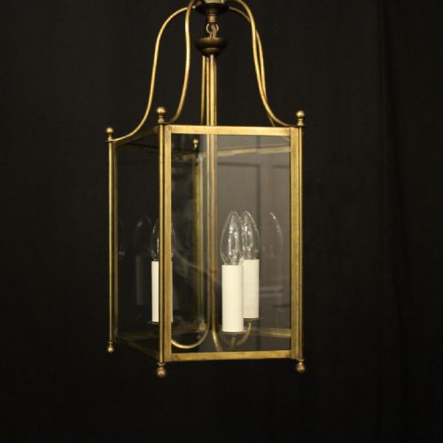 ENGLISH TRIPLE LIGHT GILDED BRASS HALL LANTERN - ADDITIONAL PHOTO 5