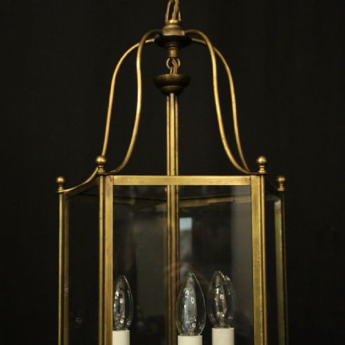 ENGLISH TRIPLE LIGHT GILDED BRASS HALL LANTERN - ADDITIONAL PHOTO 6