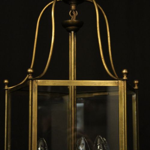 ENGLISH TRIPLE LIGHT GILDED BRASS HALL LANTERN - ADDITIONAL PHOTO 7