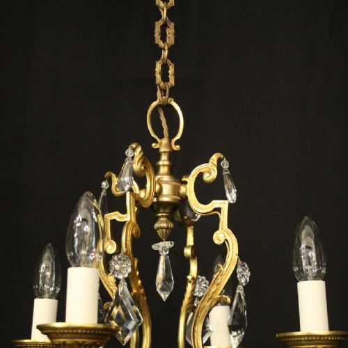 FRENCH SMALL GILDED CRYSTAL 4 LIGHT CHANDELIER - ADDITIONAL PHOTO 7