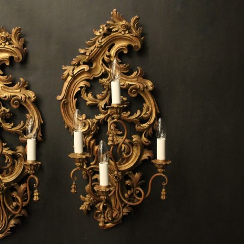 FLORENTINE PAIR 4 ARM GILTWOOD ANTIQUE WALL LIGHTS - ADDITIONAL PHOTO 1