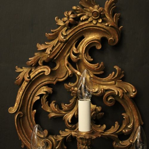 FLORENTINE PAIR 4 ARM GILTWOOD ANTIQUE WALL LIGHTS - ADDITIONAL PHOTO 2