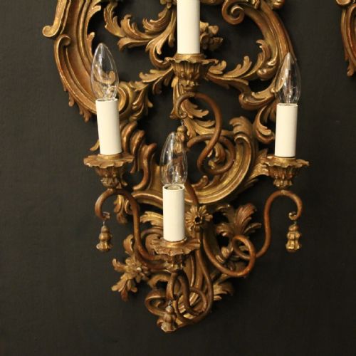 FLORENTINE PAIR 4 ARM GILTWOOD ANTIQUE WALL LIGHTS - ADDITIONAL PHOTO 3