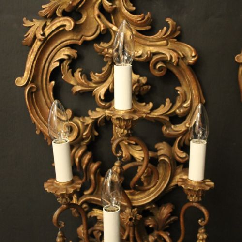 FLORENTINE PAIR 4 ARM GILTWOOD ANTIQUE WALL LIGHTS - ADDITIONAL PHOTO 4