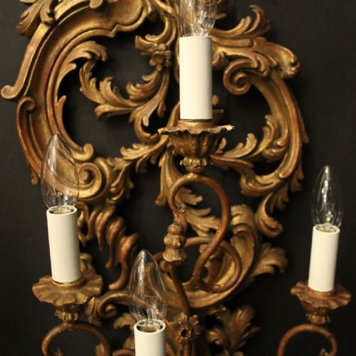 FLORENTINE PAIR 4 ARM GILTWOOD ANTIQUE WALL LIGHTS - ADDITIONAL PHOTO 6
