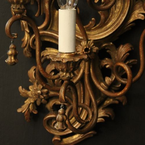 FLORENTINE PAIR 4 ARM GILTWOOD ANTIQUE WALL LIGHTS - ADDITIONAL PHOTO 7