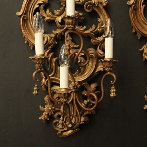 FLORENTINE PAIR 4 ARM GILTWOOD ANTIQUE WALL LIGHTS - ADDITIONAL PHOTO 8