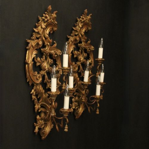 FLORENTINE PAIR 4 ARM GILTWOOD ANTIQUE WALL LIGHTS - ADDITIONAL PHOTO 9