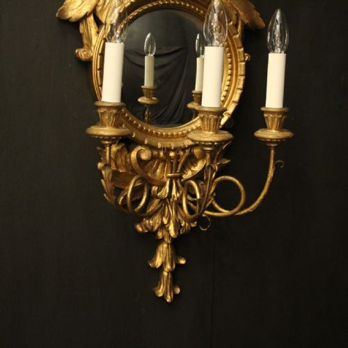 FRENCH SINGLE GILTWOOD TRIPLE ARM CONVEX MIRROR GIRANDOLE - ADDITIONAL PHOTO 4