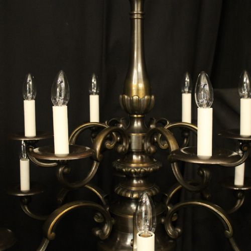 FRENCH PAIR BRONZE 12 LIGHT DOUBLE TIERED ANTIQUE CHANDELIERS - ADDITIONAL PHOTO 3