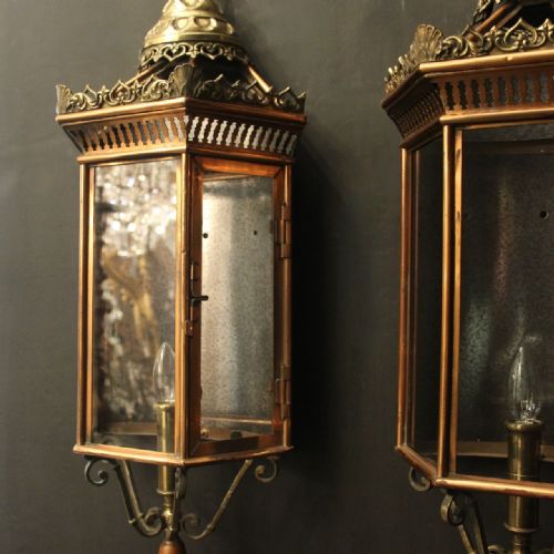 FRENCH PAIR OF BRASS COPPER SINGLE LIGHT HALF LANTERNS - ADDITIONAL PHOTO 1